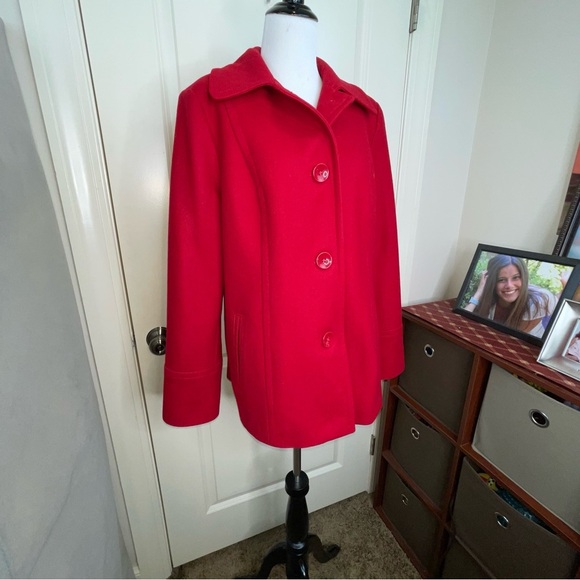London Fog Red Wool Blend Pea Coat Single Button L - Picture 5 of 17